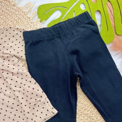 Conj. Batinha Manga Longa Poá e Calça Flare Canelada - Marrom e Preto